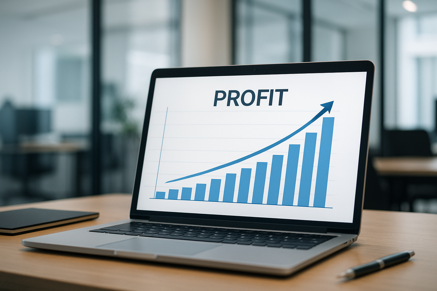 Laptop on a desk with a chart on it of an increasing profits
