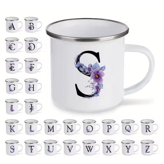 350ml Floral Alphabet Enamel Mug – Portable Camping & Travel Coffee Cup, Drinkware Gift & Decor