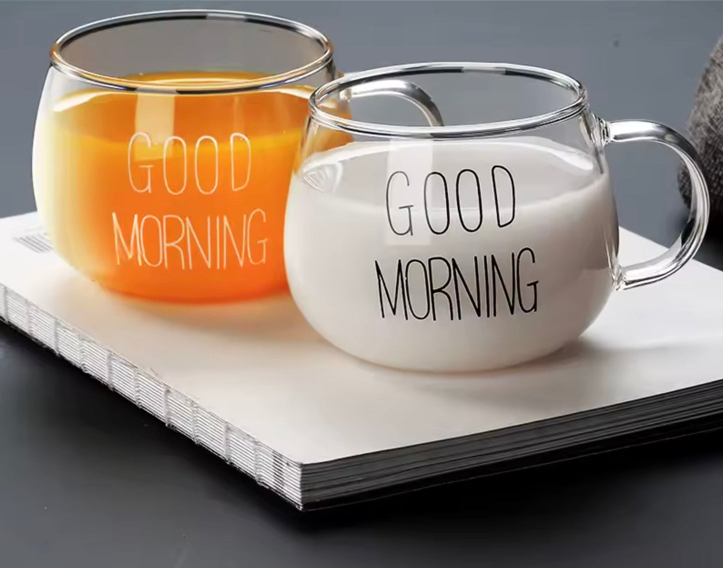 Morning Vibes Match | Good Morning Glass Mug (500ml) – Transparent Coffee, Milk & Breakfast Cup with Handle, Drinkware Gift Set