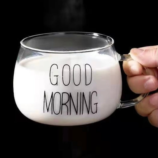 Morning Vibes Match | Good Morning Glass Mug (500ml) – Transparent Coffee, Milk & Breakfast Cup with Handle, Drinkware Gift Set