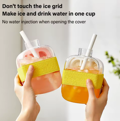 2-in-1 Silicone Ice Cube Mold With Lids Straw Outdoor Beverage Cup