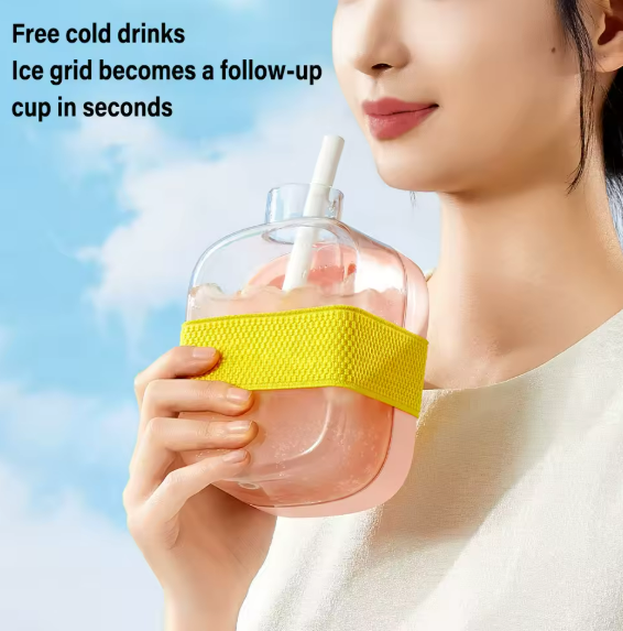 2-in-1 Silicone Ice Cube Mold With Lids Straw Outdoor Beverage Cup