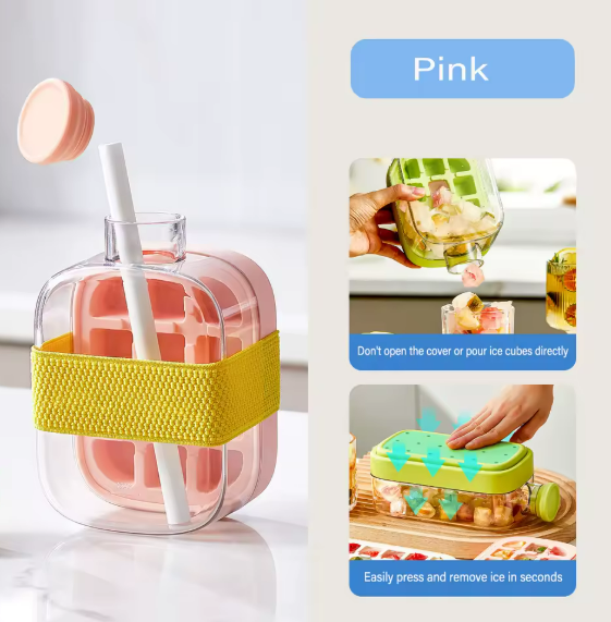 2-in-1 Silicone Ice Cube Mold With Lids Straw Outdoor Beverage Cup