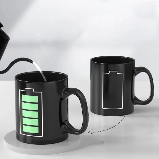 🔋 Heat-Activated Changing Color Mug – Battery Pattern Coffee Cup (330ml) for Couples, Milk Tea & Juice, Christmas Gift 🎁